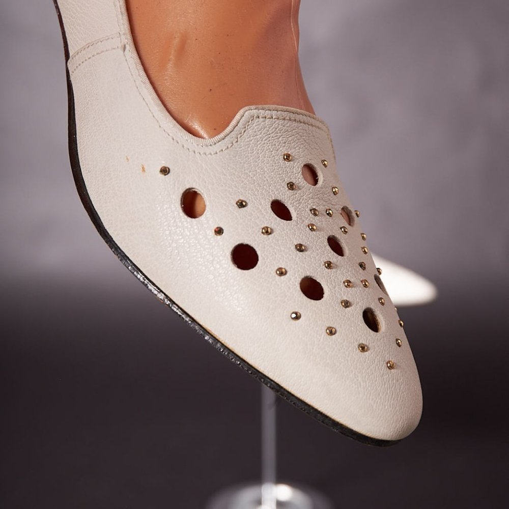Vintage 1970s White Studded and Cut Out Flats Shoes